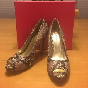 Elaine Turner Snake Skin Print Peep Toe Pumps